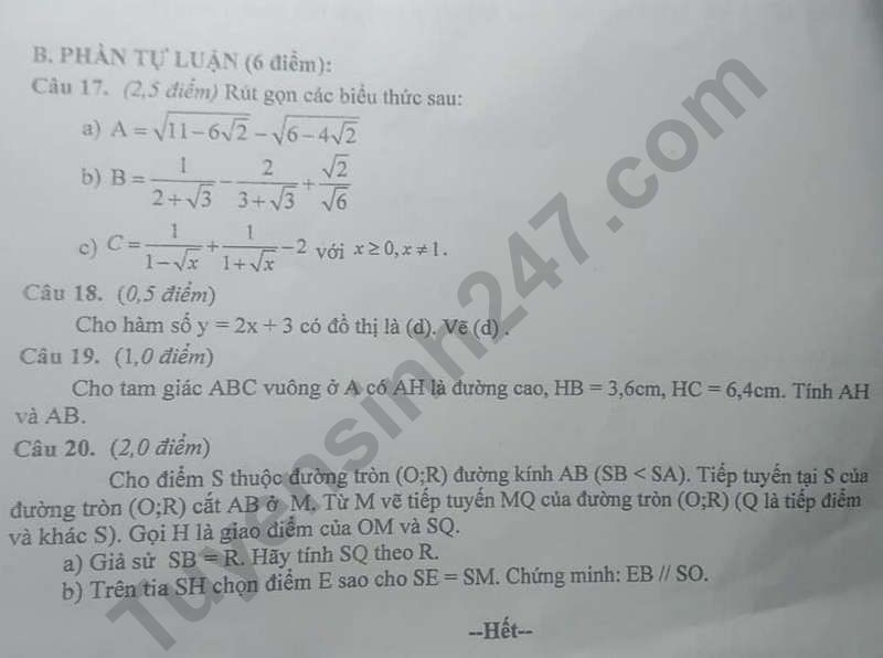 De thi cuoi ki 1 mon Toan lop 9 - So GD Ben Tre 2023 (Co dap an)