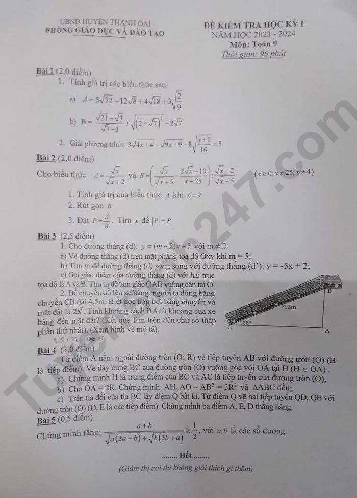 De thi HK 1 mon Toan lop 9 - Huyen Thanh Oai 2023