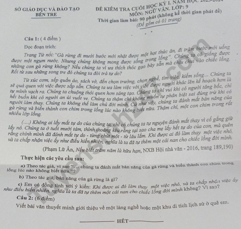 De kiem tra cuoi ki 1 lop 9 mon Van 2023 - So GD Ben Tre (Co dap an)
