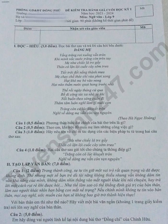 De thi cuoi ki 1 mon Van lop 9 - Huyen Dong Phu 2023