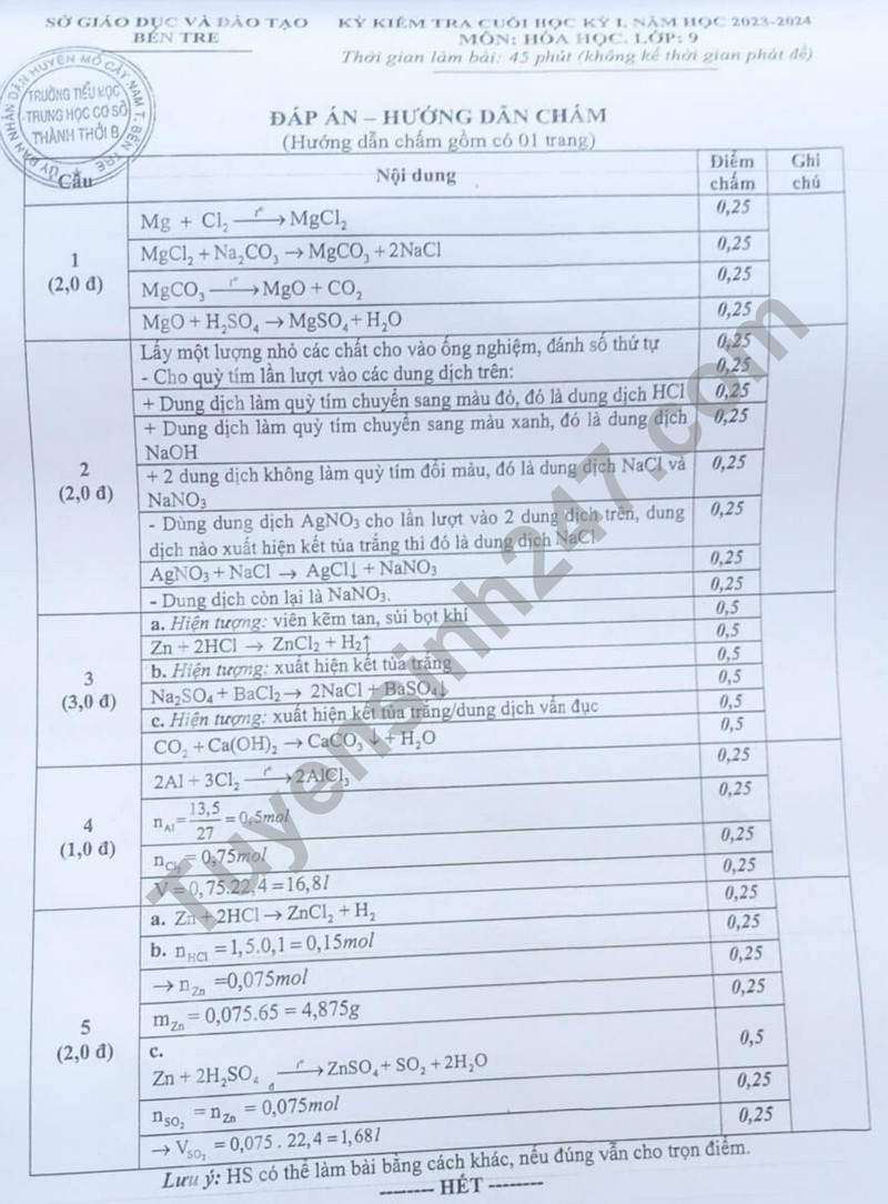 De thi HK 1 mon Hoa lop 9 - So GD Ben Tre 2023 (Co dap an)
