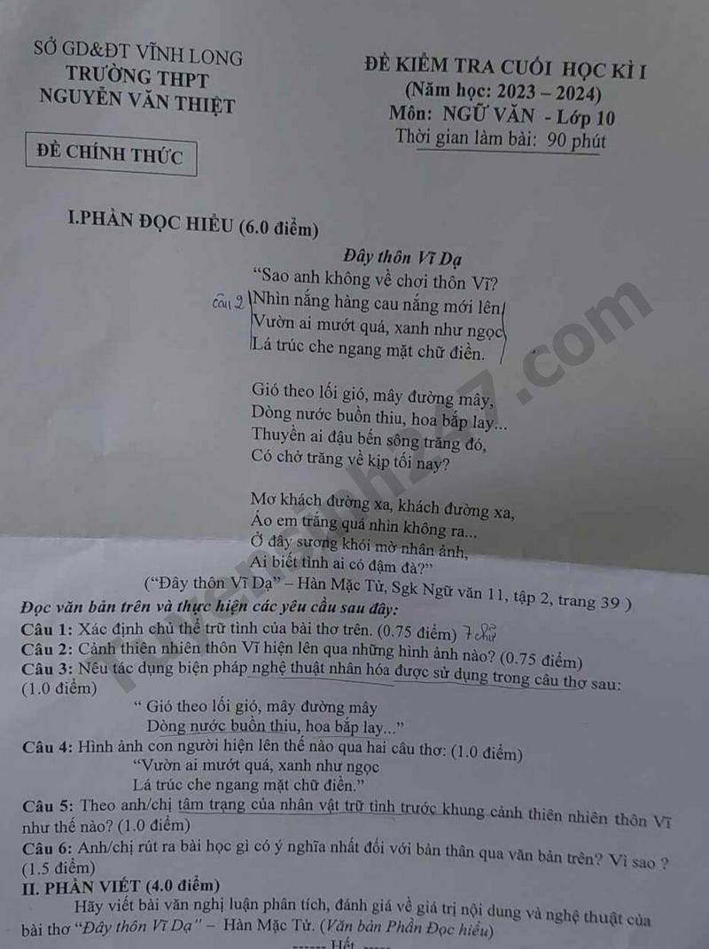 De thi hoc ki 1 lop 10 mon Van 2023 - THPT Nguyen Van Thiet