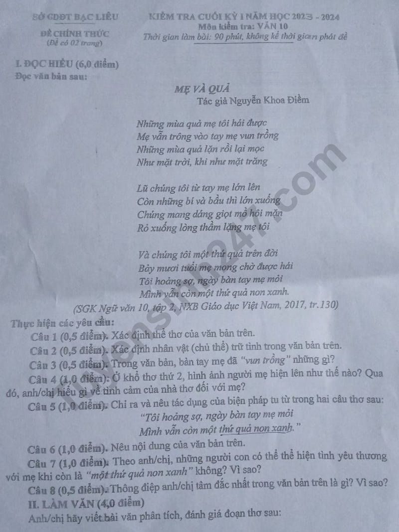 De thi ki 1 mon Van lop 10 nam 2023 - So GD Bac Lieu