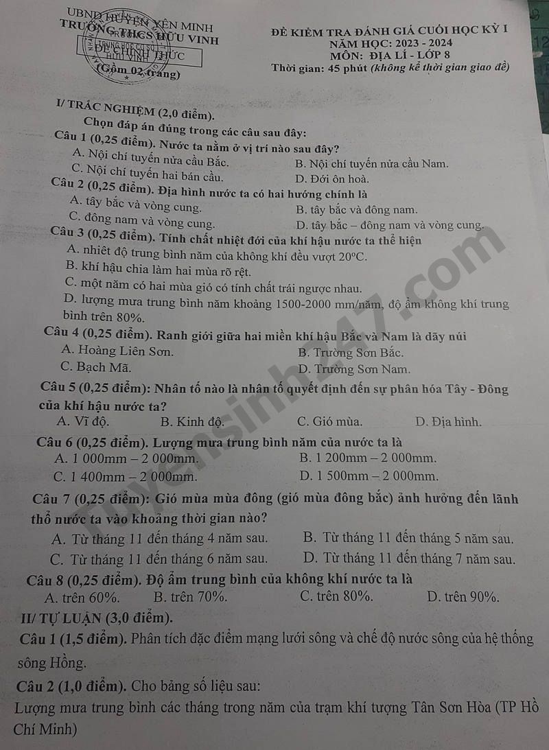 De thi hoc ki 1 lop 8 mon Dia  2023 -  THCS Huu Vinh