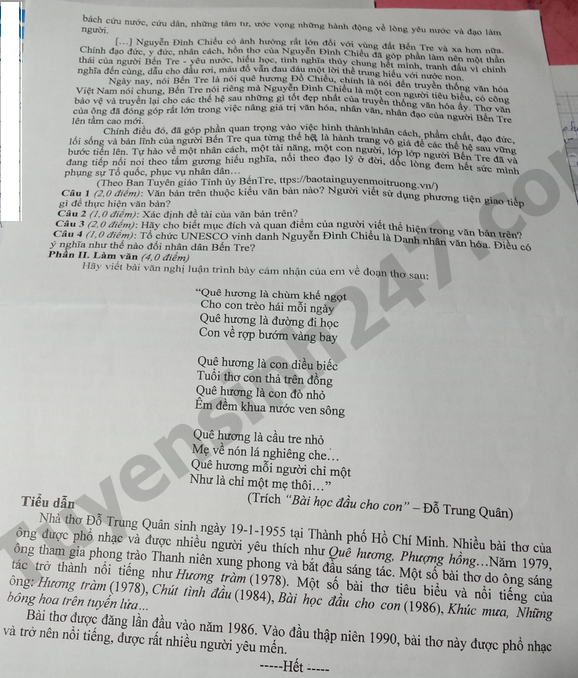 De kiem tra cuoi ki 1  lop 10 mon Van 2023 - THPT Ca Van Thinh