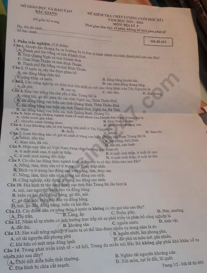 De kiem tra ki 1 mon Dia lop 9 - So GD Bac Giang 2023