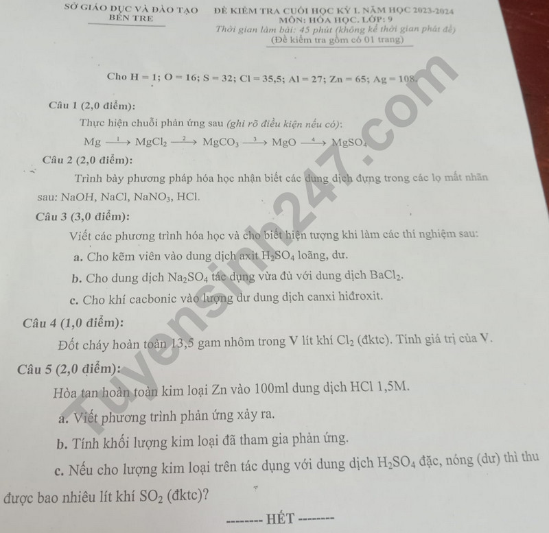De thi HK 1 mon Hoa lop 9 - So GD Ben Tre 2023 (Co dap an)