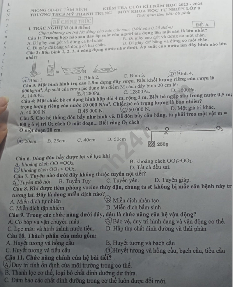 De thi cuoi ki 1 mon Khoa hoc tu nhien lop 8 - THCS My Thanh Trung 2023