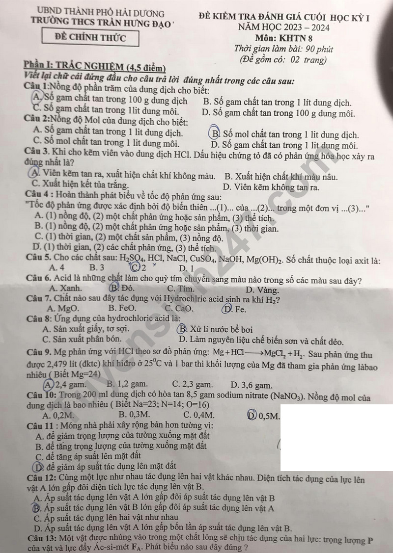 De thi cuoi ki 1 nam 2023 mon Khoa hoc tu nhien lop 8 - THCS Tran Hung Dao
