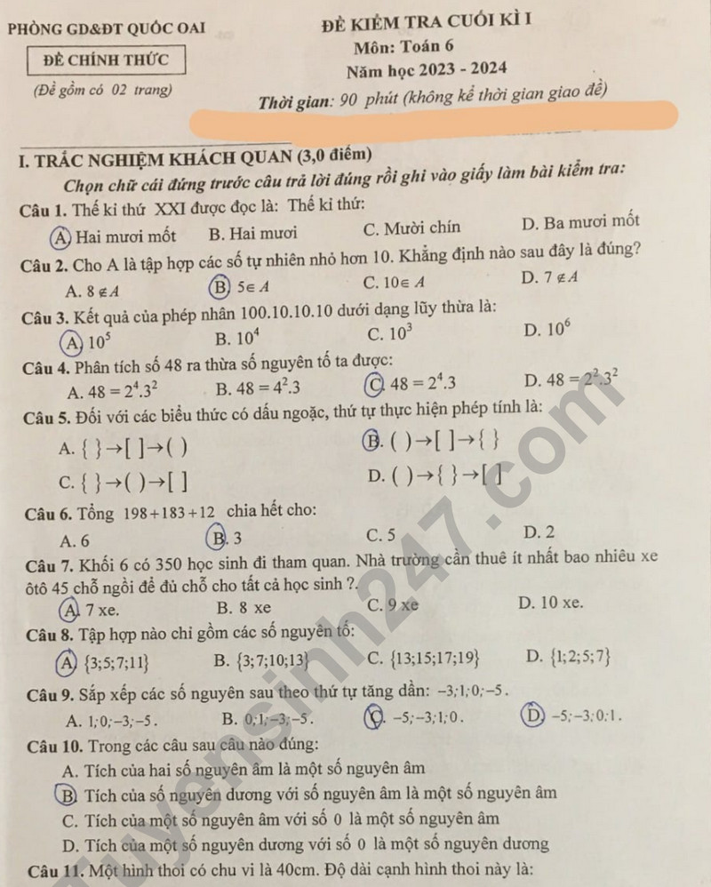 De thi cuoi ki 1 mon Toan lop 6 - Phong GD Quoc Oai 2023