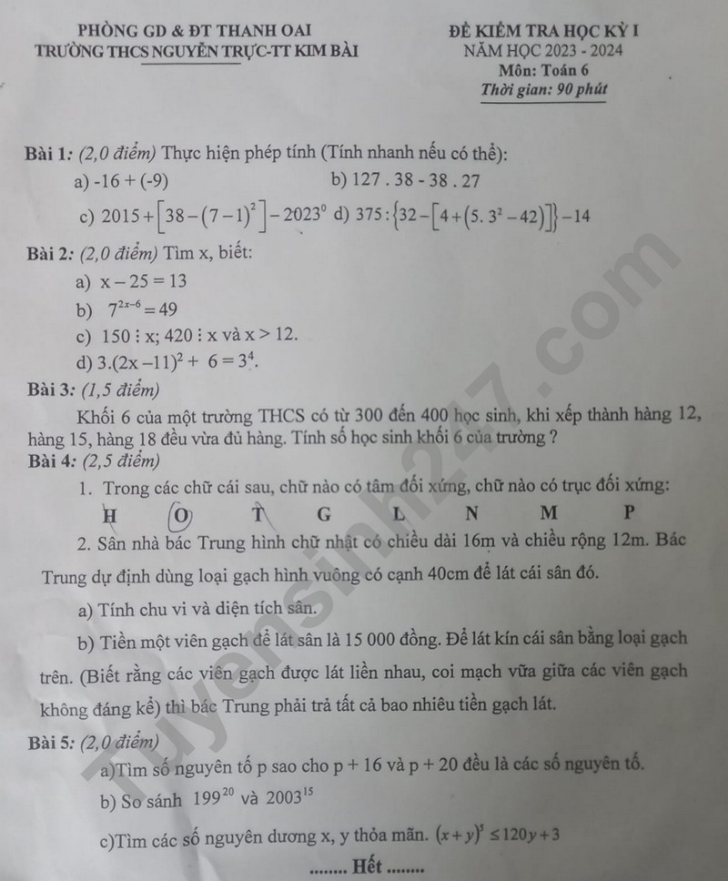 De HK 1 mon Toan lop 6 - THCS Nguyen Truc 2023