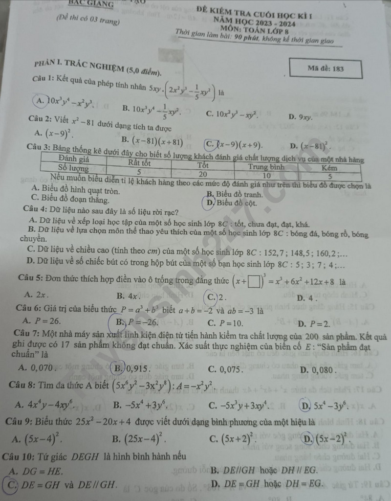 De thi ki 1 mon Toan lop 8 - So GD Bac Giang 2023