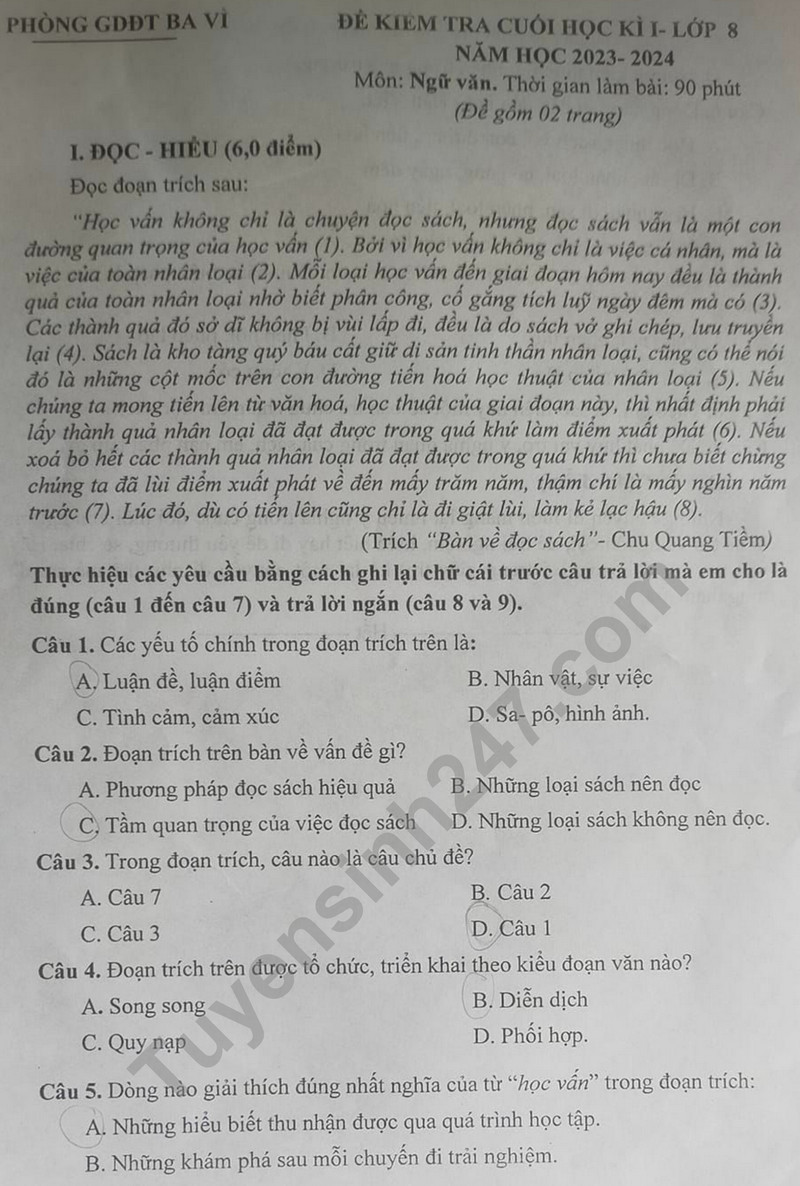 De thi cuoi ki 1 mon Van lop 8 - phong GD Ba Vi 2023