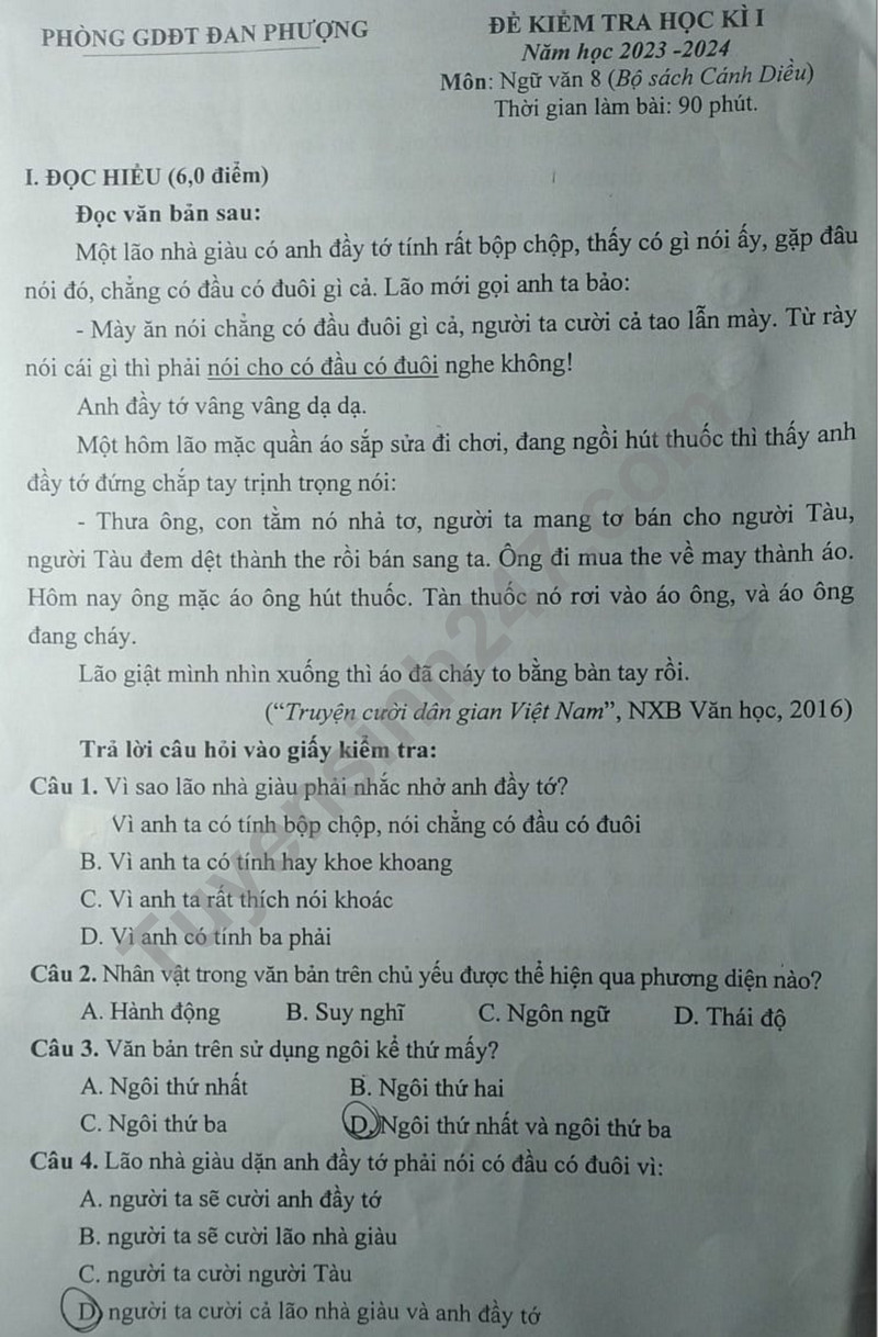 De thi cuoi ki 1 mon Van lop 8 -  Phong GD Dan Phuong 2023