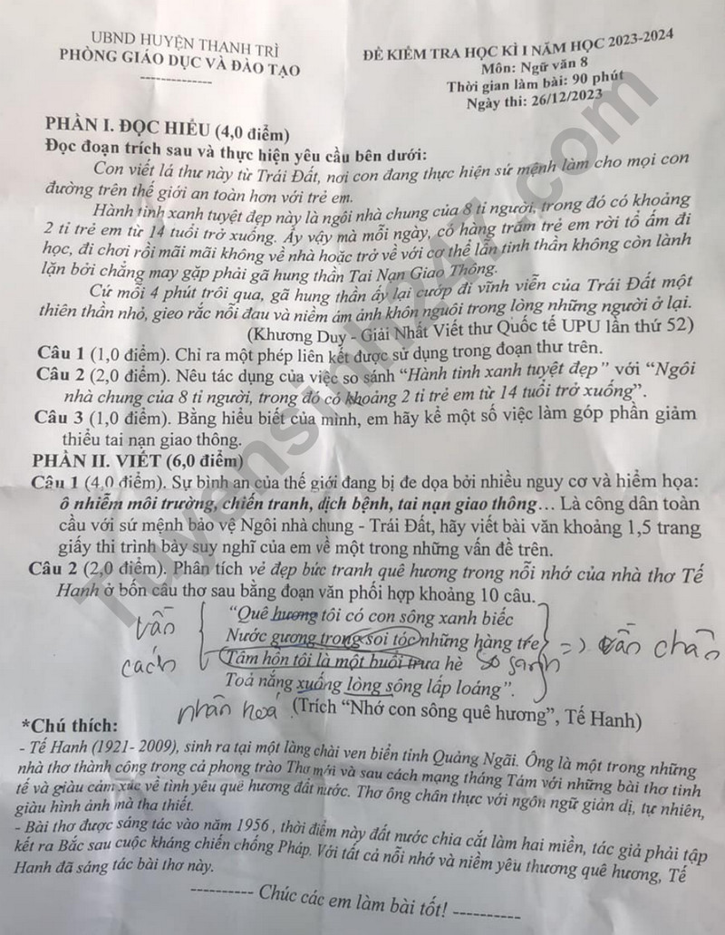 De thi HK1 mon Van lop 8 nam 2023 - Phong GD huyen Thanh Tri
