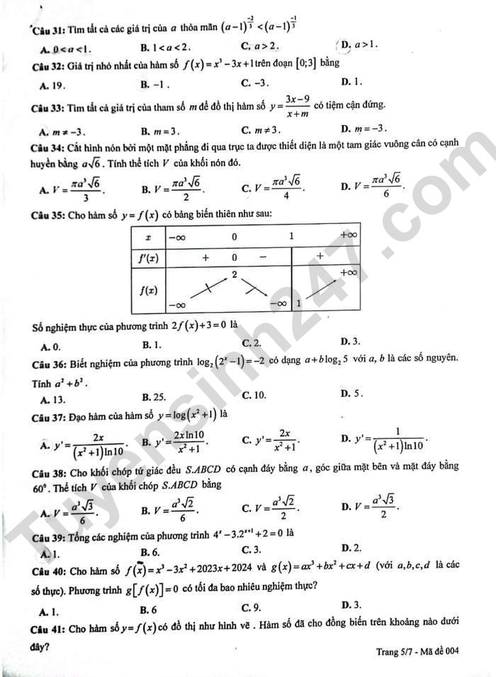 De thi cuoi ki 1 mon Toan lop 12 - THPT Chuyen Nguyen Hue 2023