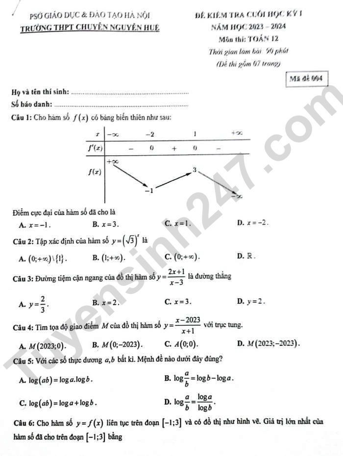 De thi cuoi ki 1 mon Toan lop 12 - THPT Chuyen Nguyen Hue 2023