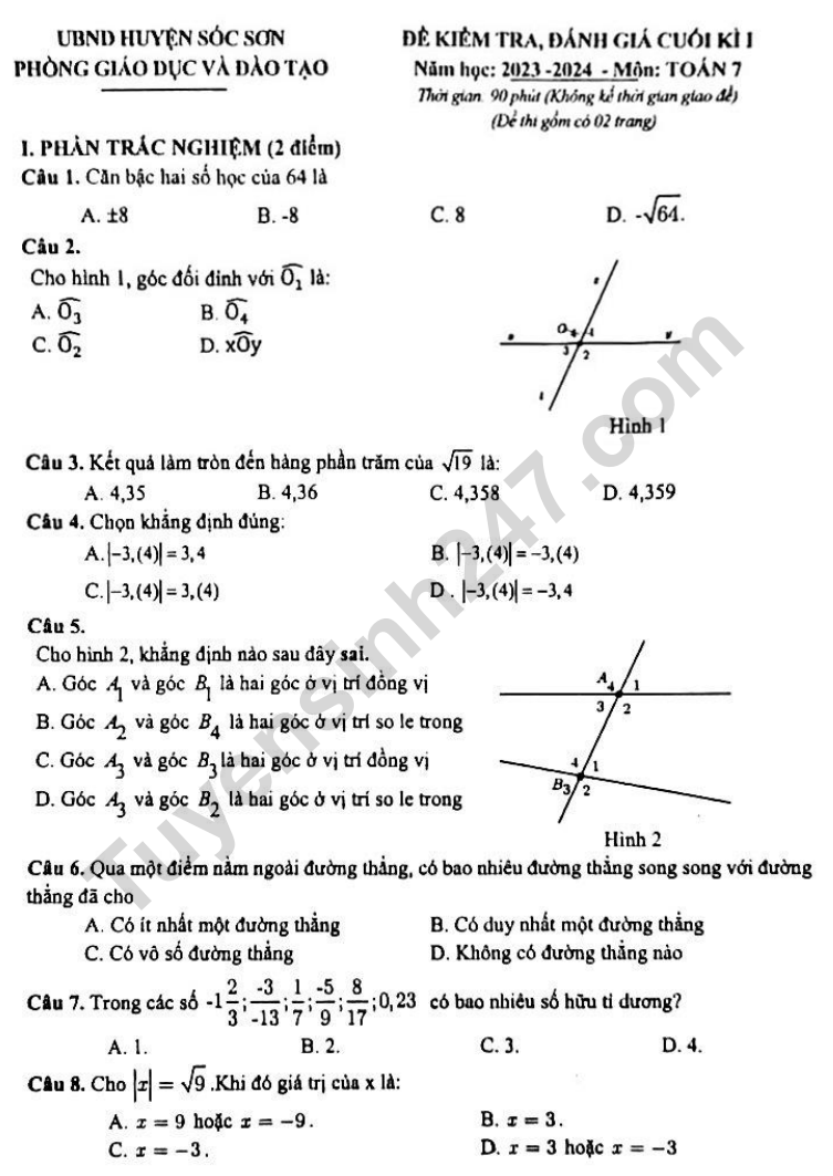 De thi ki 1 lop 7 mon Toan 2023 - Soc Son (Co dap an)