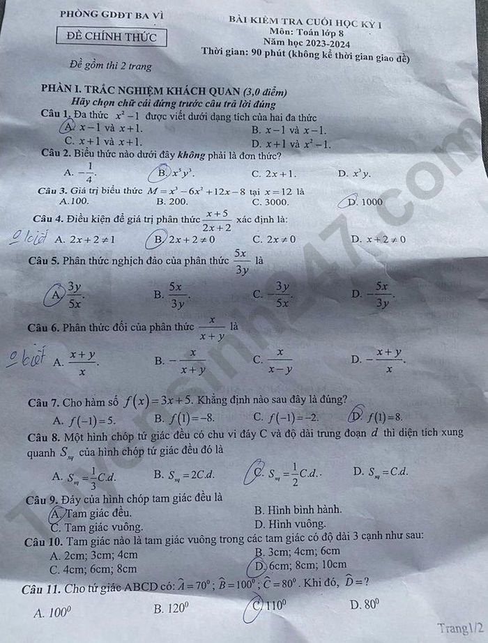 De thi cuoi ki 1 mon Toan lop 8 - Huyen Ba Vi 2023