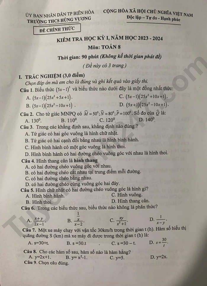 De thi cuoi ki 1 mon Toan lop 8 - THCS Hung Vuong 2023