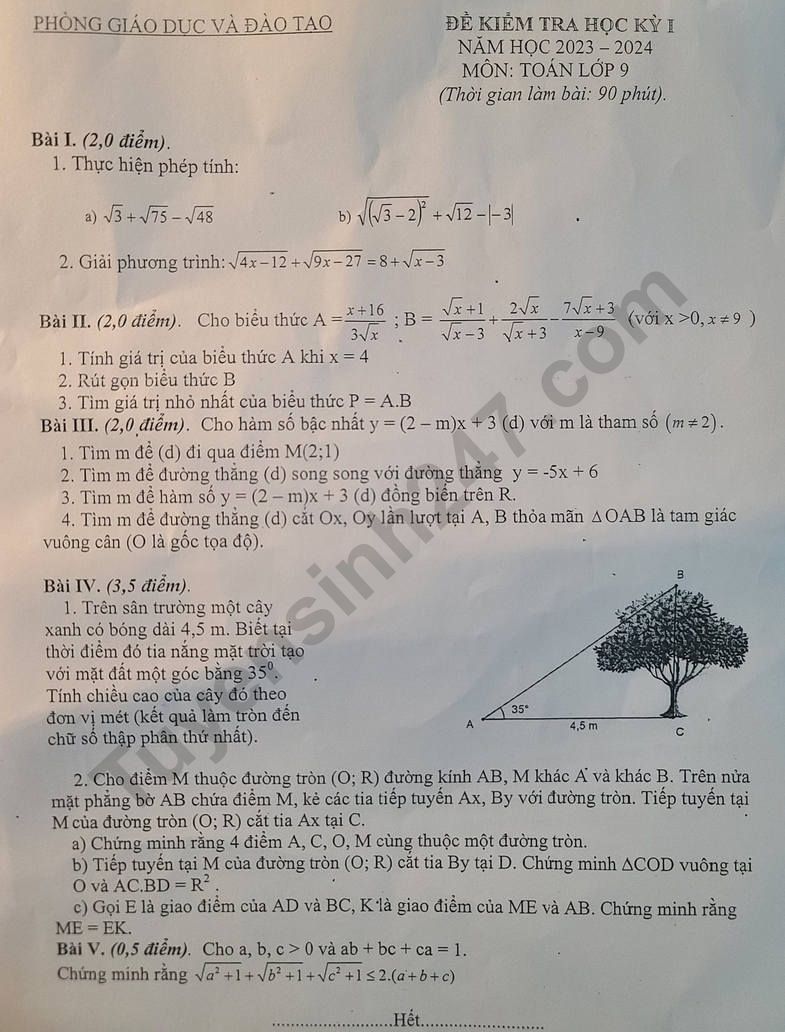 De thi ki 1 mon Toan lop 9 - Phong GD Dong Anh 2023