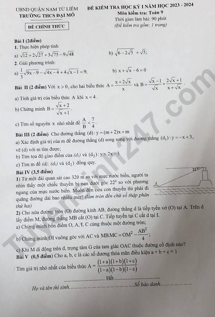 De cuoi ki 1 lop 8 mon Toan nam 2023 - THCS Dai Mo