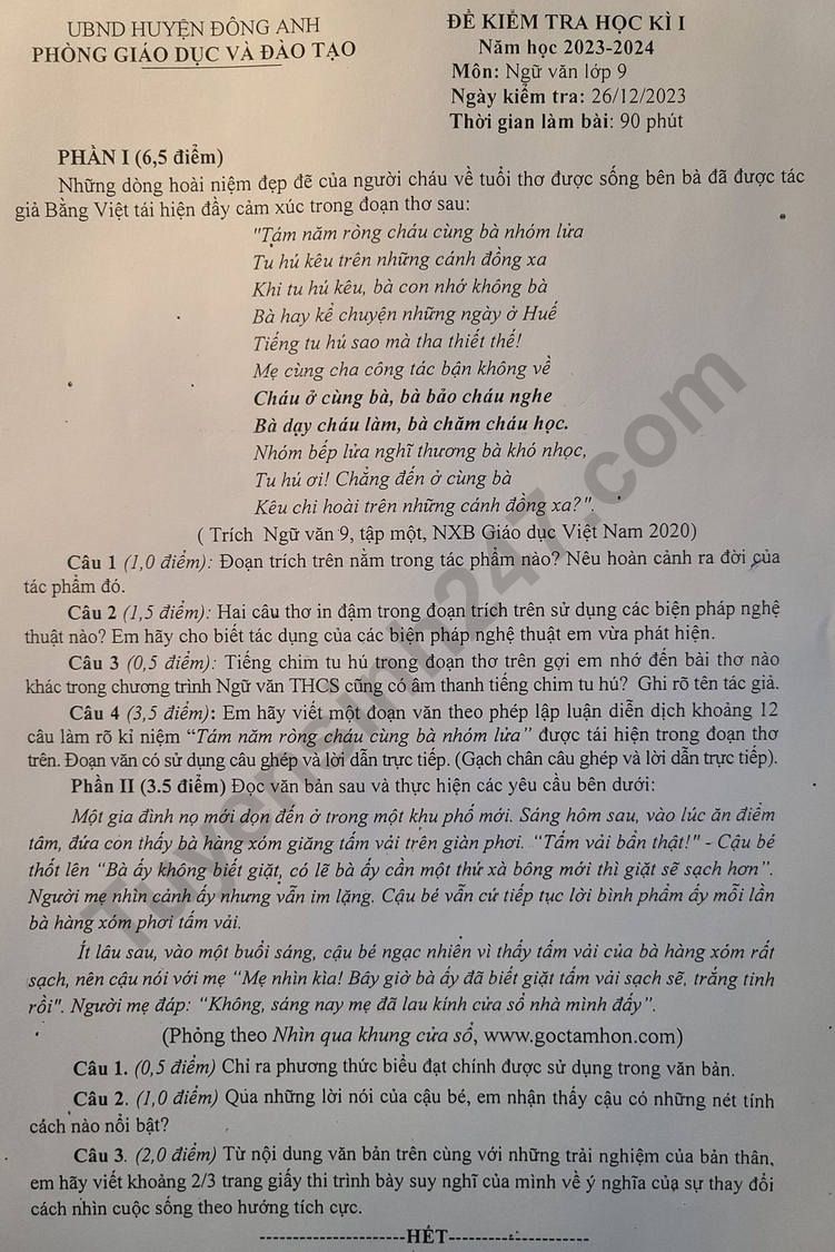 De thi ki 1 lop 9 mon Van 2023 - Phong GD Dong Anh