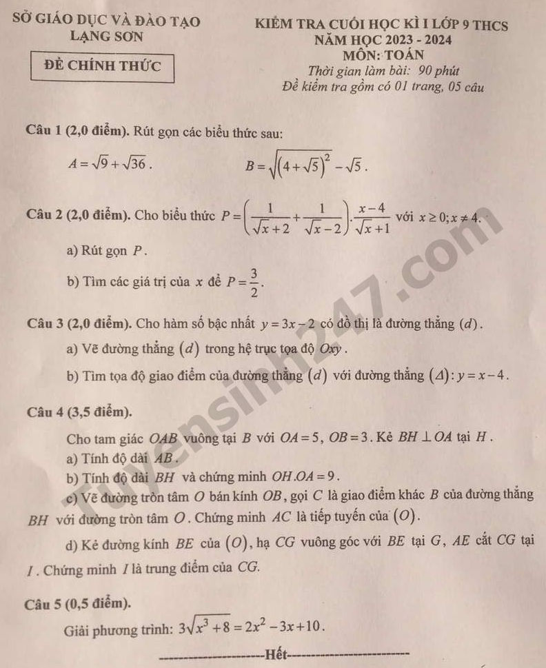 De thi cuoi ki 1 mon Toan lop 9 - So GD Lang Son 2023 (Co dap an)