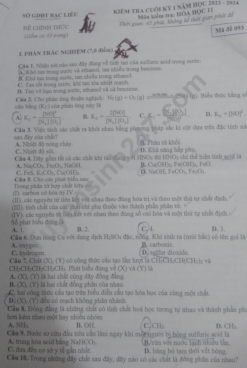 De thi cuoi ki 1 mon Hoa lop 11 - So GD Bac Lieu 2023