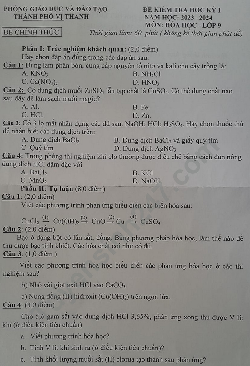 De thi cuoi ki 1 mon Hoa lop 9 - Phong GD Vi Thanh 2023