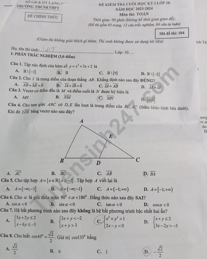 De thi cuoi ki 1 mon Toan lop 10 - So GD Lang Son 2023