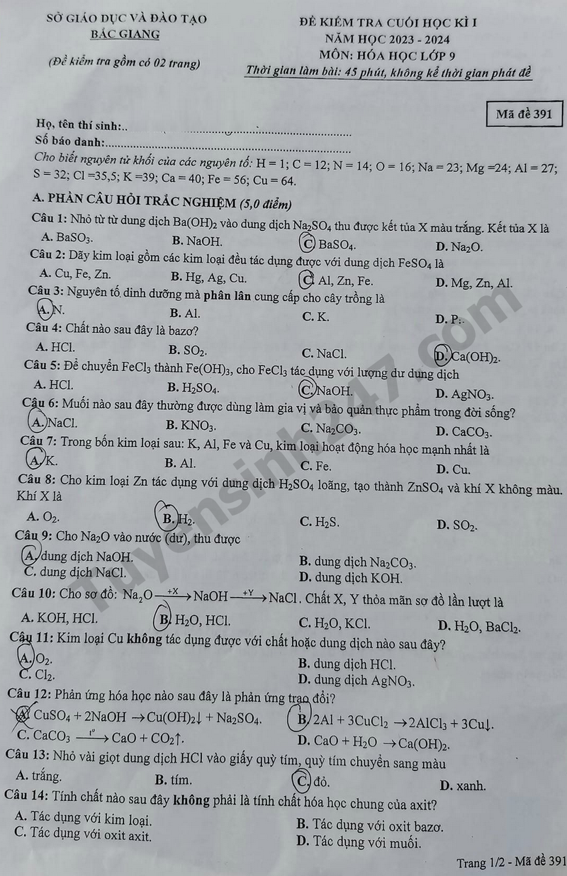 De hoc ki 1 lop 9 2023 mon Hoa - So GD Bac Giang