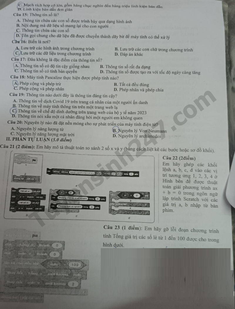De thi hoc ki 1 lop 8 mon Tin 2023 - Phong GD Yen Dung