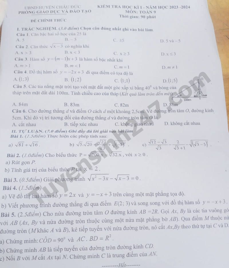 De cuoi ki 1 lop 9 mon Toan 2023 - Huyen Chau Duc