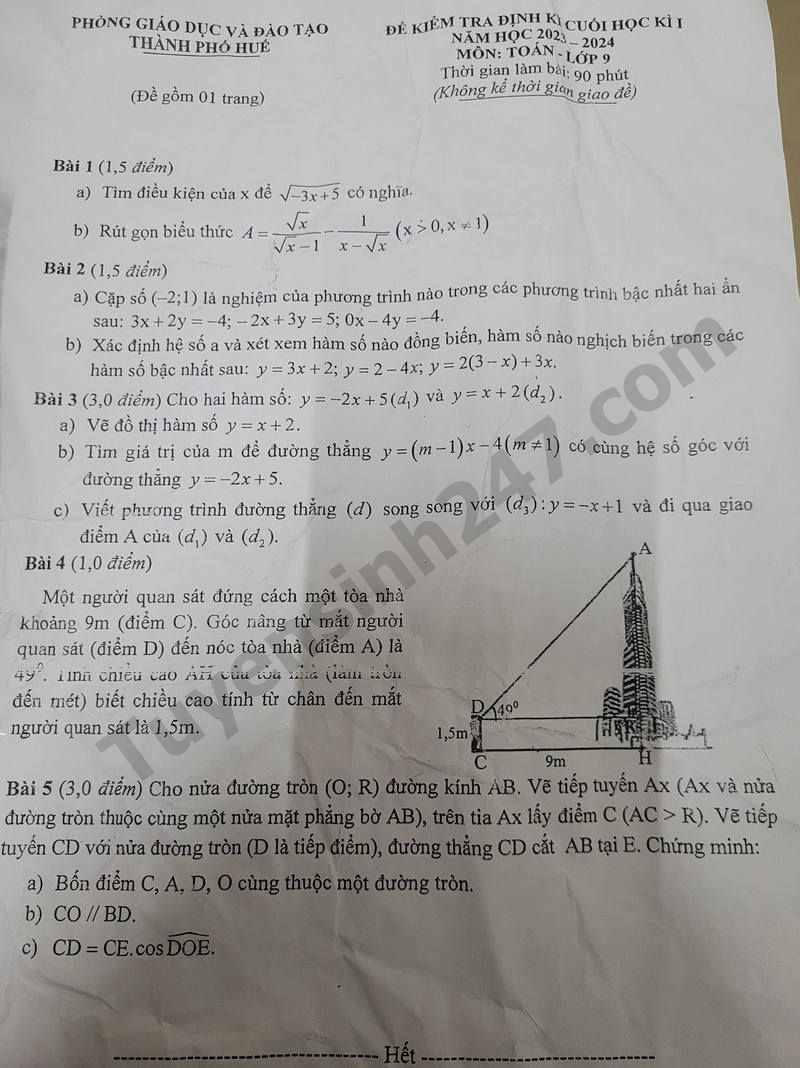 Dap an va de thi hoc ki 1 lop 9 mon Toan 2023 - Phong GD Thanh Pho Hue