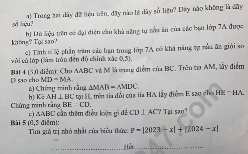 De thi cuoi ki 1 mon Toan lop 7 nam 2023 - THCS Di Trach