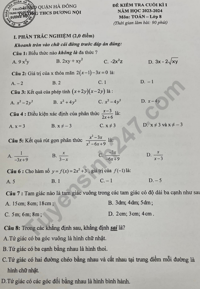 De thi cuoi ki 1 mon Toan lop 8 - THCS Duong Noi 2023