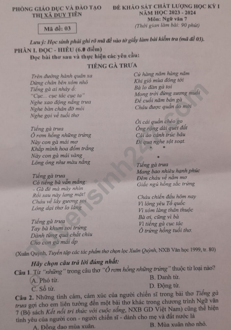 De thi ki 1 mon Van lop 7 nam 2023 - Phong GD Tan Yen