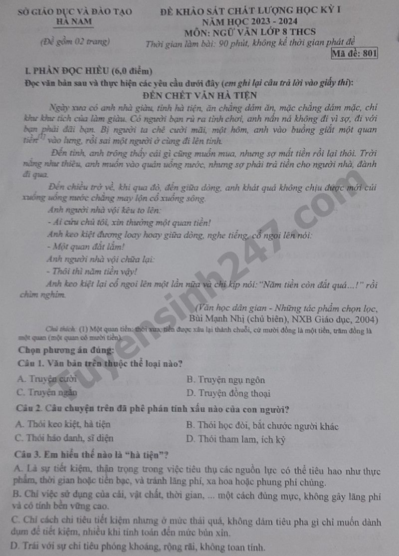 De thi hoc ki 1 lop 8 mon Van 2023 -  So GD Ha Nam