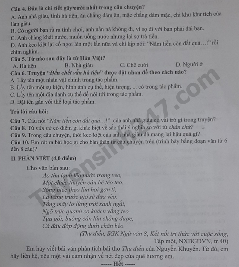 De thi hoc ki 1 lop 8 mon Van 2023 -  So GD Ha Nam