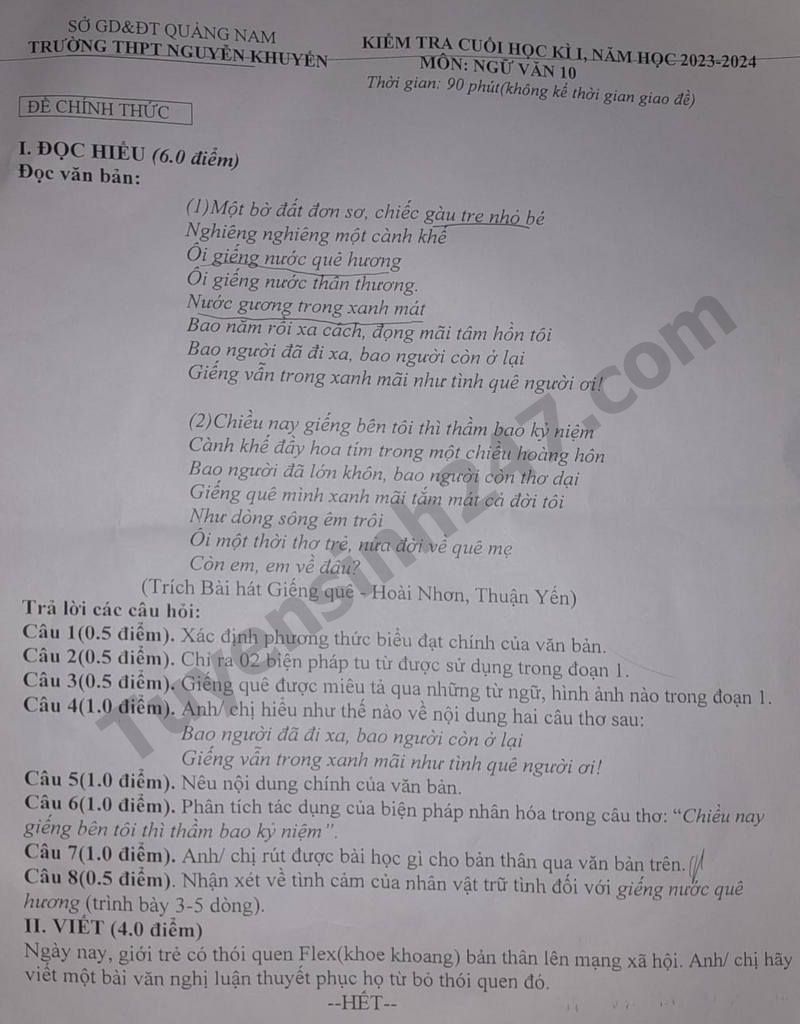 De hoc ki 1 lop 10 nam 2023 mon Van - THPT Nguyen Khuyen