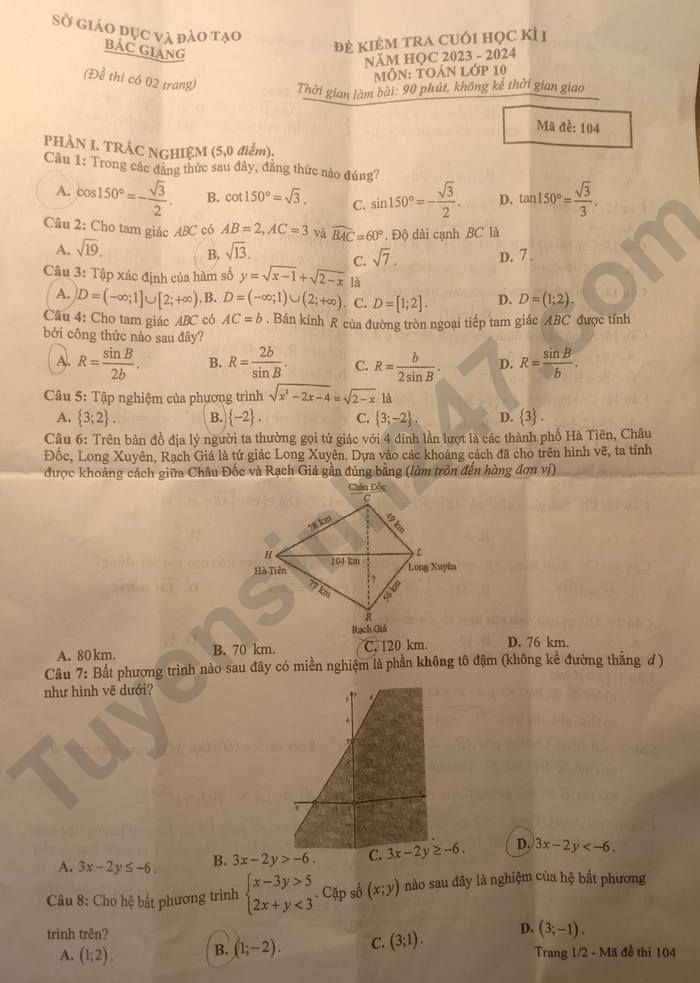 De HK 1 mon Toan lop 10 - Tinh Bac Giang 2023