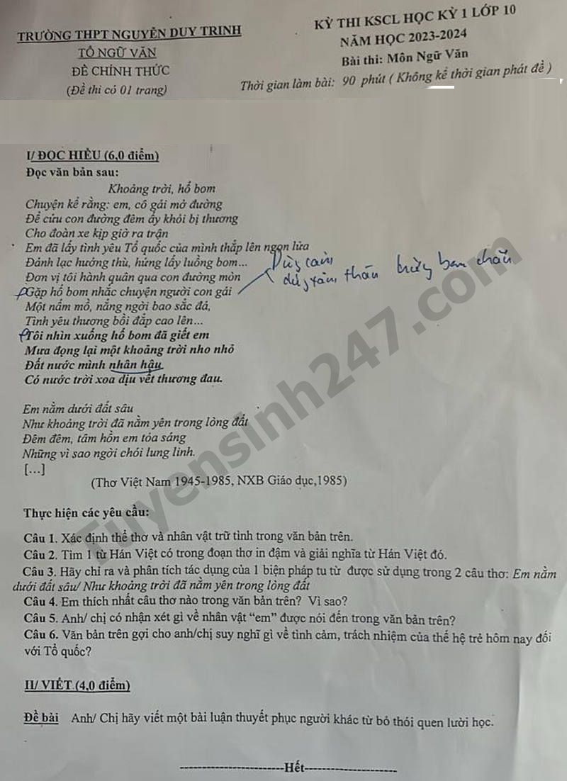 De thi hoc ki 1 lop 10 mon Van 2023 - THPT Nguyen Duy Trinh