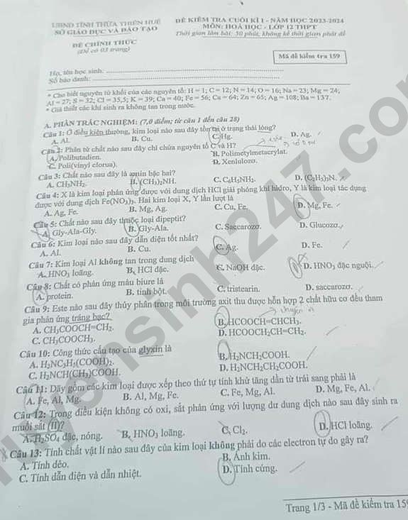 De thi HK 1 mon Hoa lop 12 - tinh Thua Thien Hue 2023