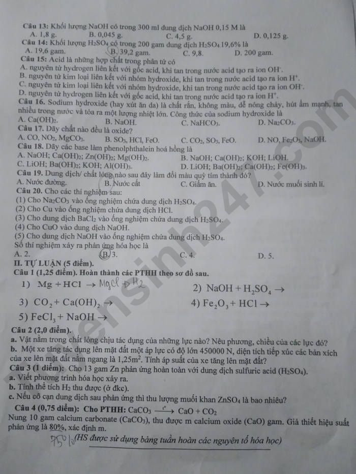 De thi cuoi ki 1 mon Khoa hoc tu nhien lop 8 - Huyen Tan Yen 2023