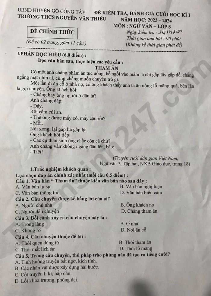 De kiem tra HK1 lop 8 mon Van THCS Nguyen Van Thieu nam 2023