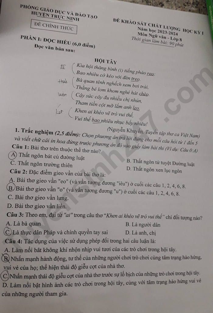 De thi ki 1 mon Van lop 8 nam 2023 - Huyen Truc Ninh
