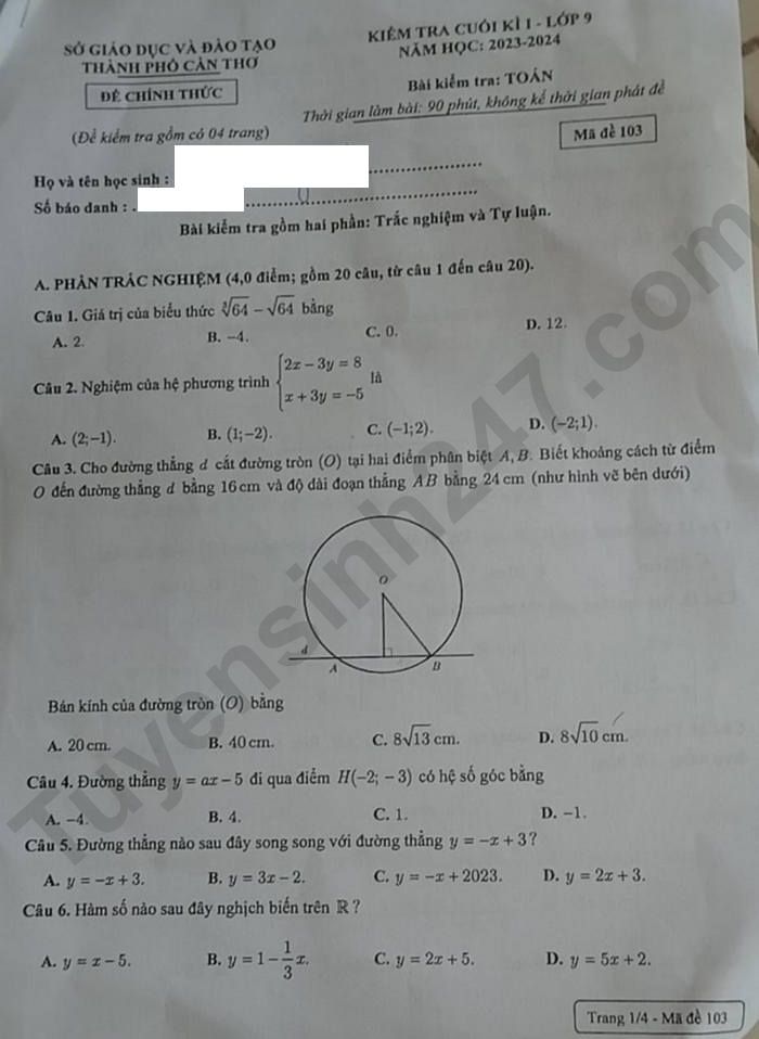 De cuoi ki 1 lop 9 mon Toan 2023 – TP Can Tho