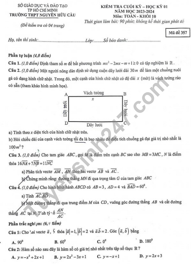 De thi hoc ki 1 mon Toan lop 10 - THPT Nguyen Huu Cau 2023