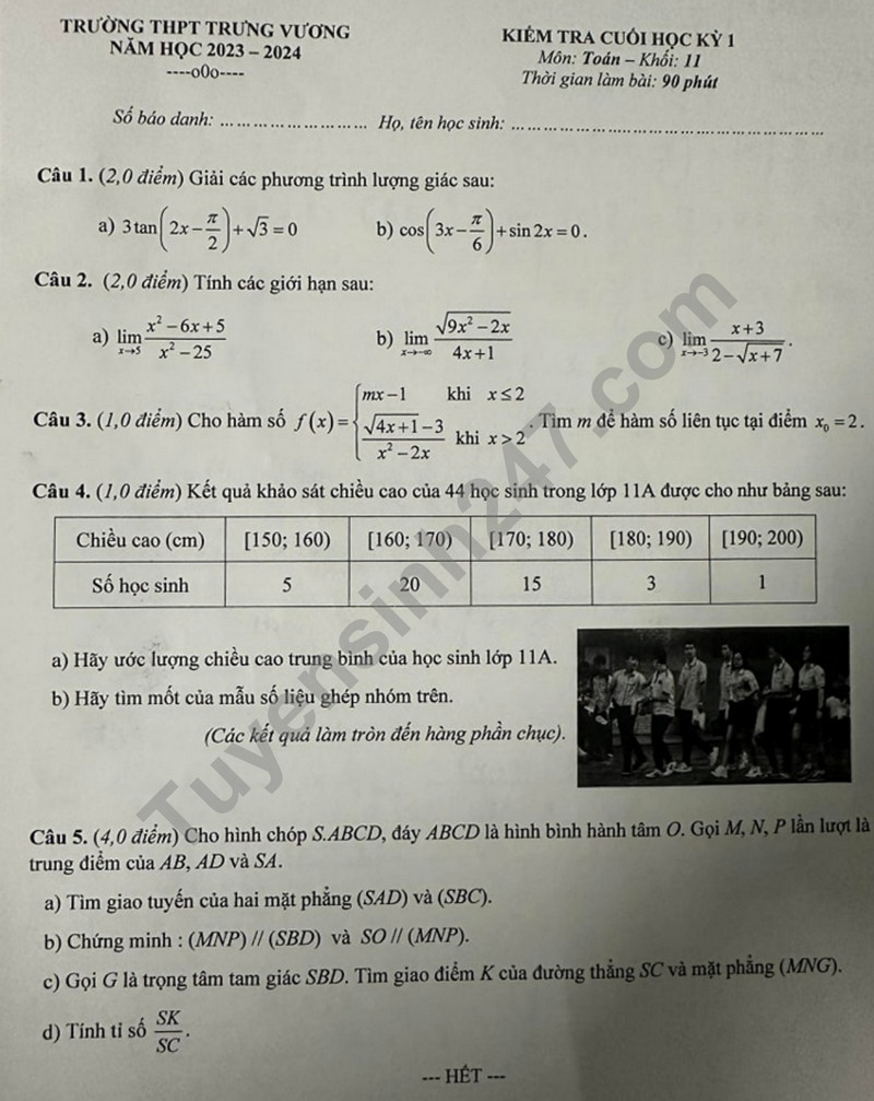 De thi HK 1 lop 11 mon Toan - THCS Truong Vuong 2023